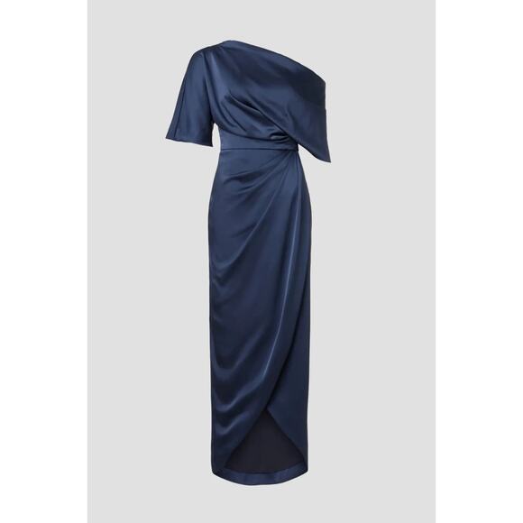 Theia Navy Blue One-Shoulder Midi Dress - Picture 1 of 11